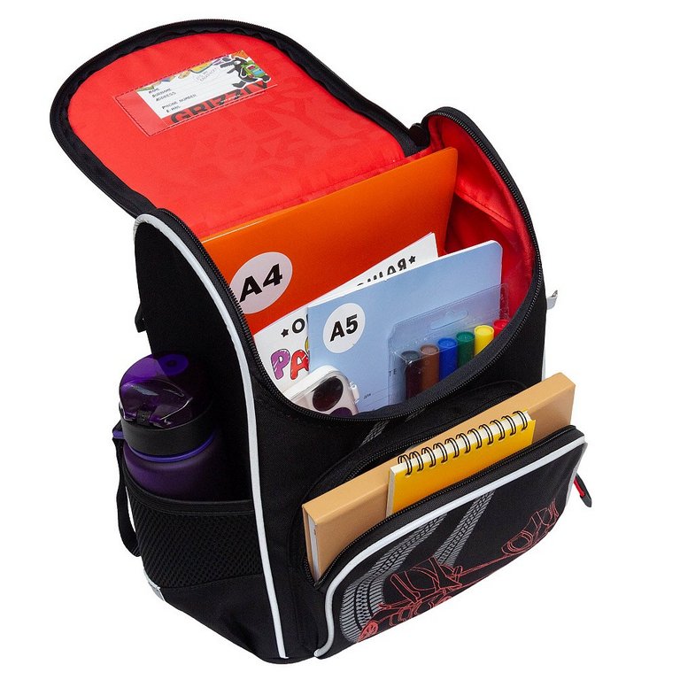 Ранец для мальчика Grizzly + сумка д/обуви, 25*33*13см., черный/красный