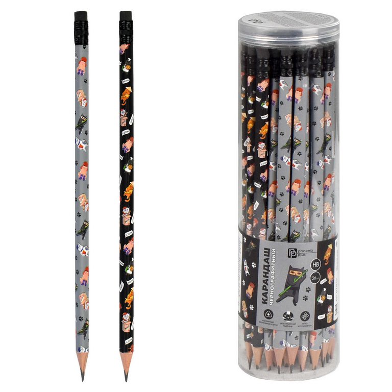 Карандаш ч/г HB с рис. трехгранный Феникс+ "Коты разных стран" с ластиком (дерево)