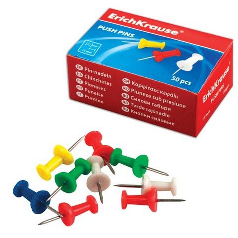 Кнопки-гвоздики канцелярские  50 шт/уп, цветные Erich Krause