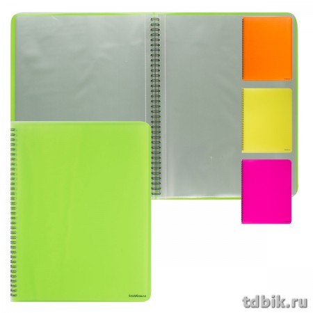 Папка А4 40 прозр.вклад. пластик 0,50 мм ErichKrause "Neon" на спирали, цв. ассорти