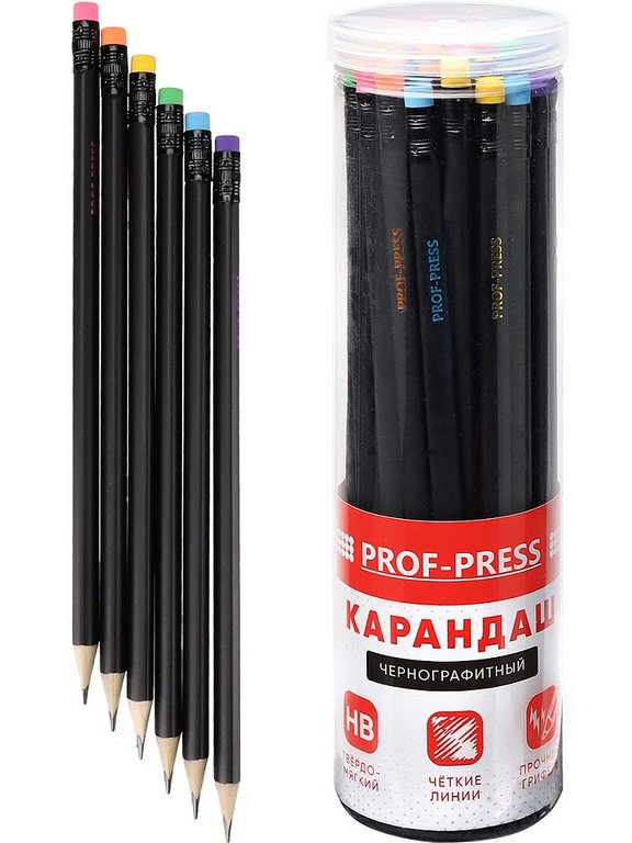 Карандаш ч/г HB трехгранный Prof-Press, c ластиком