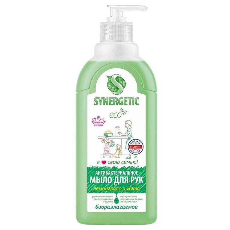 Мыло жидкое Synergetic с дозатором Лемонграсс и мята 500 мл. антибактериальное