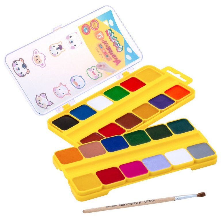 Краски акварельные 24 цв. медовые Каляка-Маляка "Зверята в домике" (кисть, пластиковая упаковка)