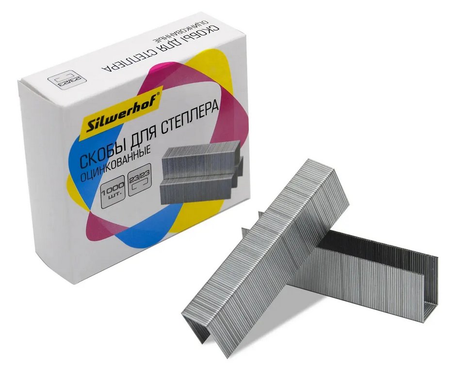 Скобы 23/23 Silwerhof 1000 шт/уп, оцинкованные 180-200 листов