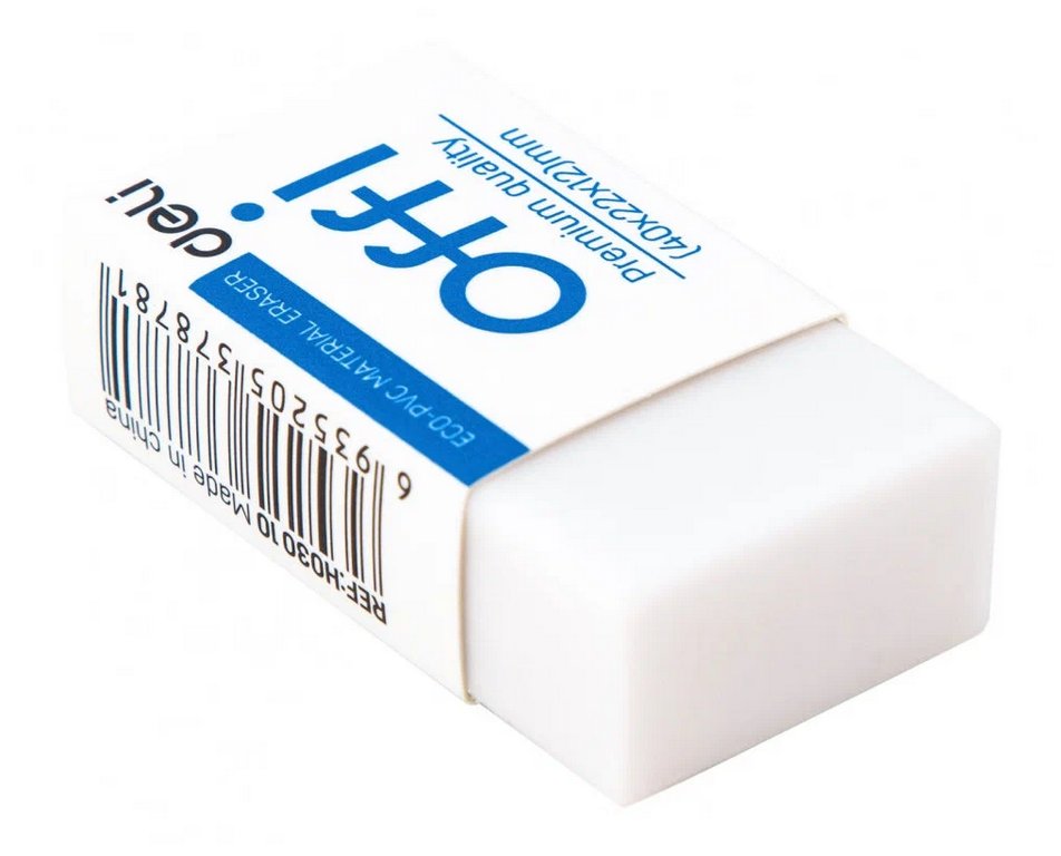 Ластик Deli Offi 40x22x12мм, в картонном футляре, белый
