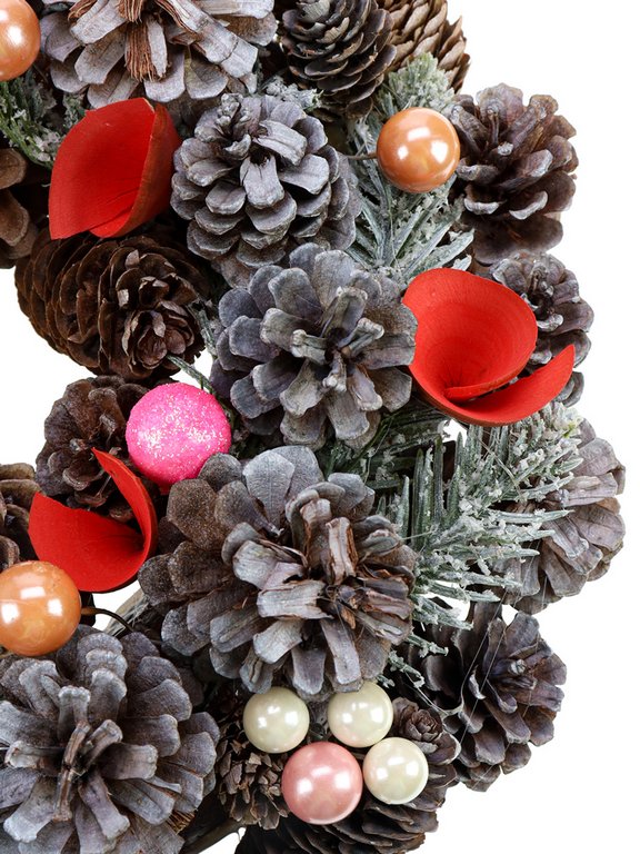 Венок хвойный d=30 см., цв. зеленый, заснеженный, с шишками и цветами, MILAND