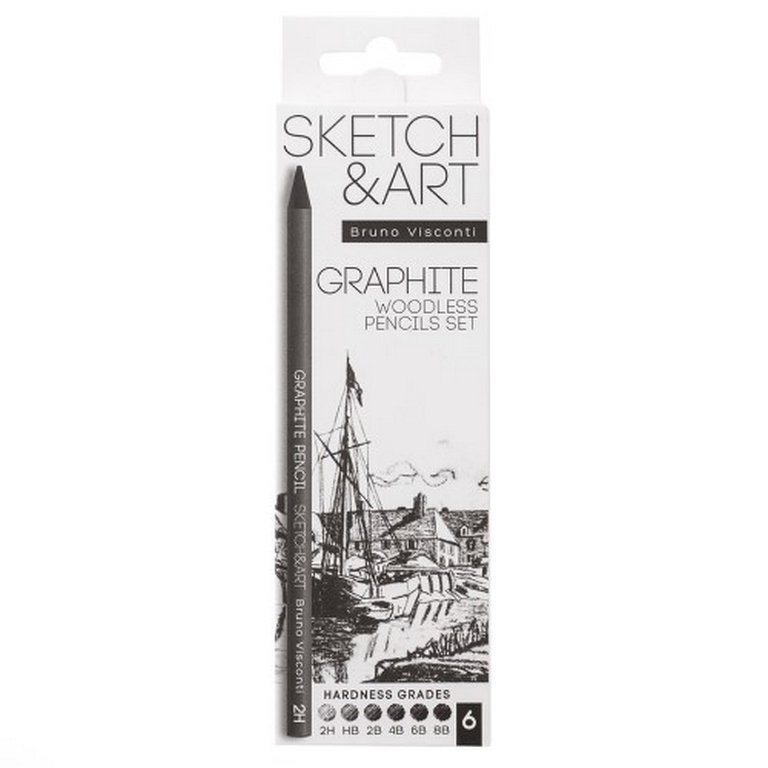 Графит натуральный в форме карандаша (набор 6 шт) Bruno Visconti SKETCH&ART (2H, HB, 2B,4B, 6B, 8В)