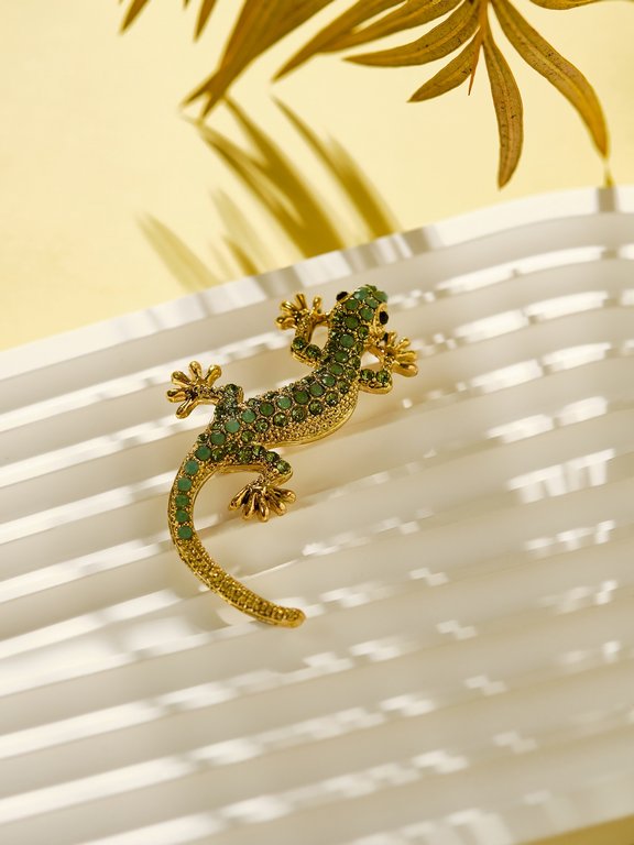 Брошь металл "Ящерица" зелёная в золоте
