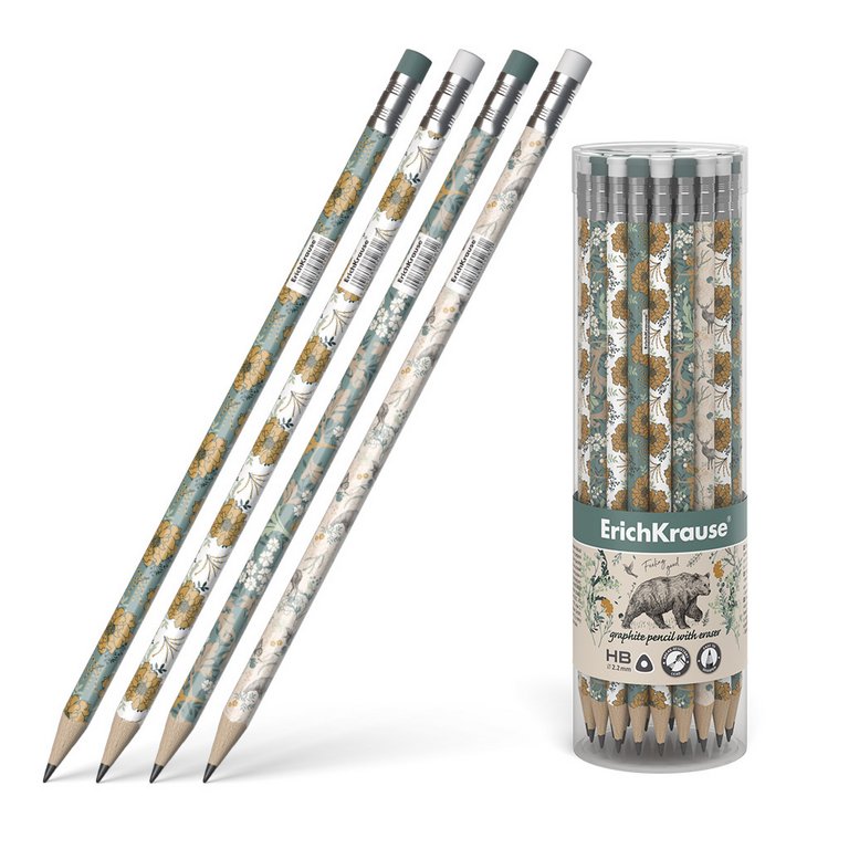 Карандаш ч/г HB с рис. трехгранный ErichKrause "Natural Life" с ластиком корпус ассорти