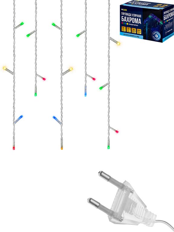 Гирлянда уличная Бахрома  4*0,7м, 72 цветных ламп, 8 реж, прозрачный провод