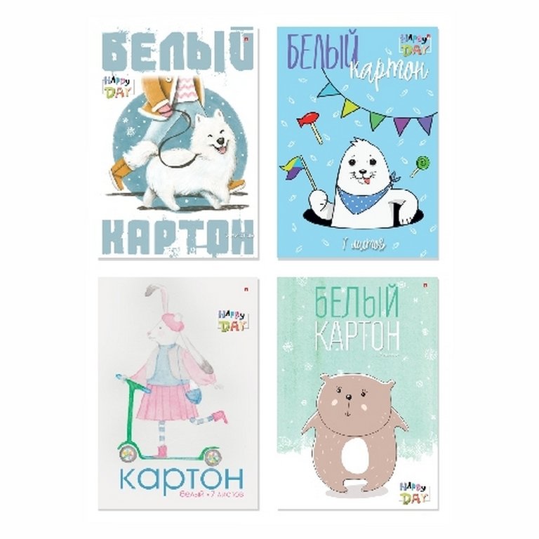 Набор белого картона А4 7л. "Мультики", 180 гр./м2  4 вида