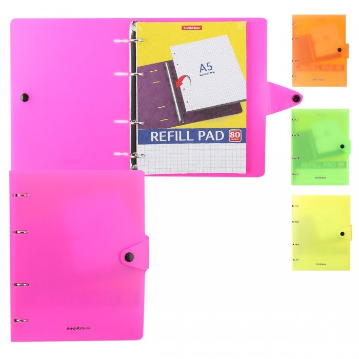 Тетрадь 80 лист кл. А5  на кольцах, пластиковая обложка на кнопке "Neon" ассорти