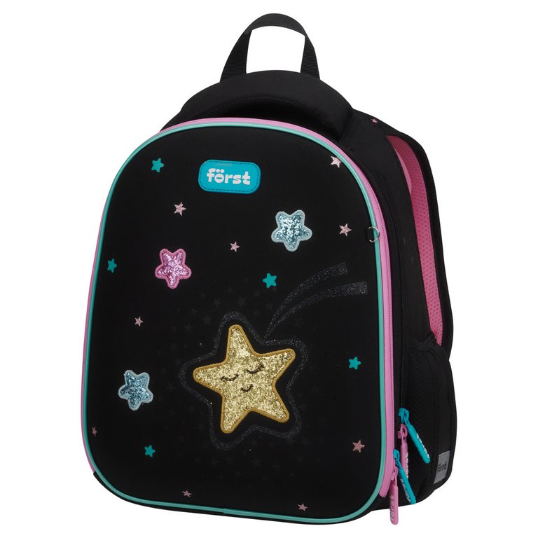 Рюкзак каркасный для девочки Forst F-Top "Stars" 28*36*15 см черный/розовый, облегченный