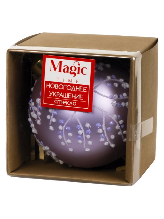 Елочный шар стеклянный  80мм (сиреневый с рисунком)
