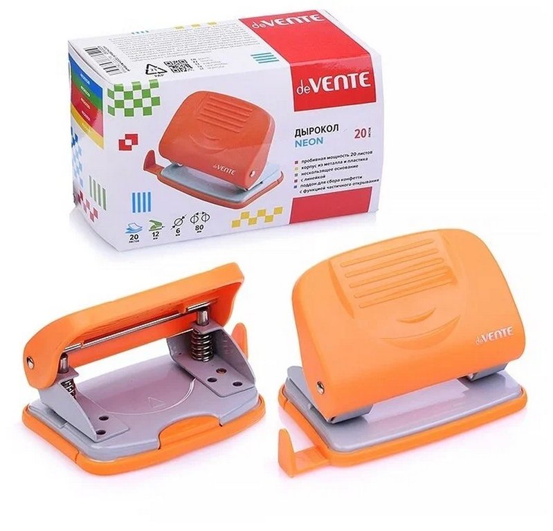 Дырокол до 20л пластик deVENTE "Neon" с линейкой, оранжевый