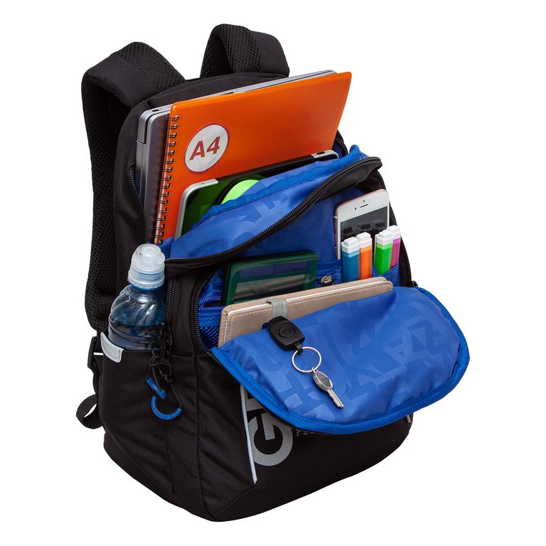 Рюкзак школьный для мальчика Grizzly 27*40*20 см, черный/синий