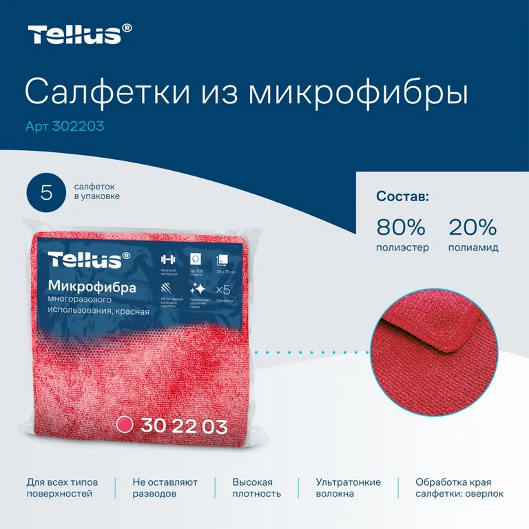 Салфетка для уборки помещений (микрофибра) 35*35см, Tellus красный