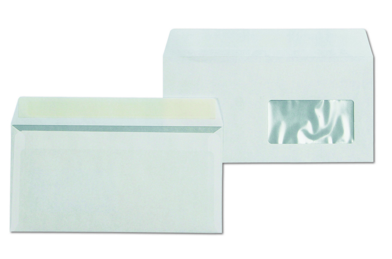 Конверт  из белой бумаги Е65 (110*220мм) 80 гр., силикон лента правое окно (45*90мм)