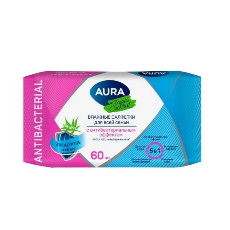 Салфетки влажные  60шт/уп Aura "Tropic Cocktail" с антибак. эффектом