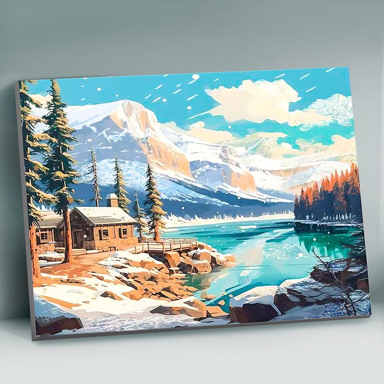 Роспись по номерам (холст) 40*50см с поталью "Домик у горного озера" (основа+акрил.+кисти)