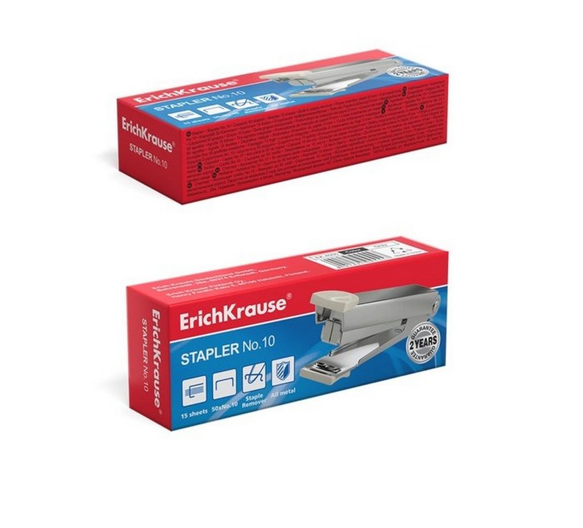 Степлер № 10 до 15л металлический, Erich Krause, серый с антистеплером (глубина 51мм)
