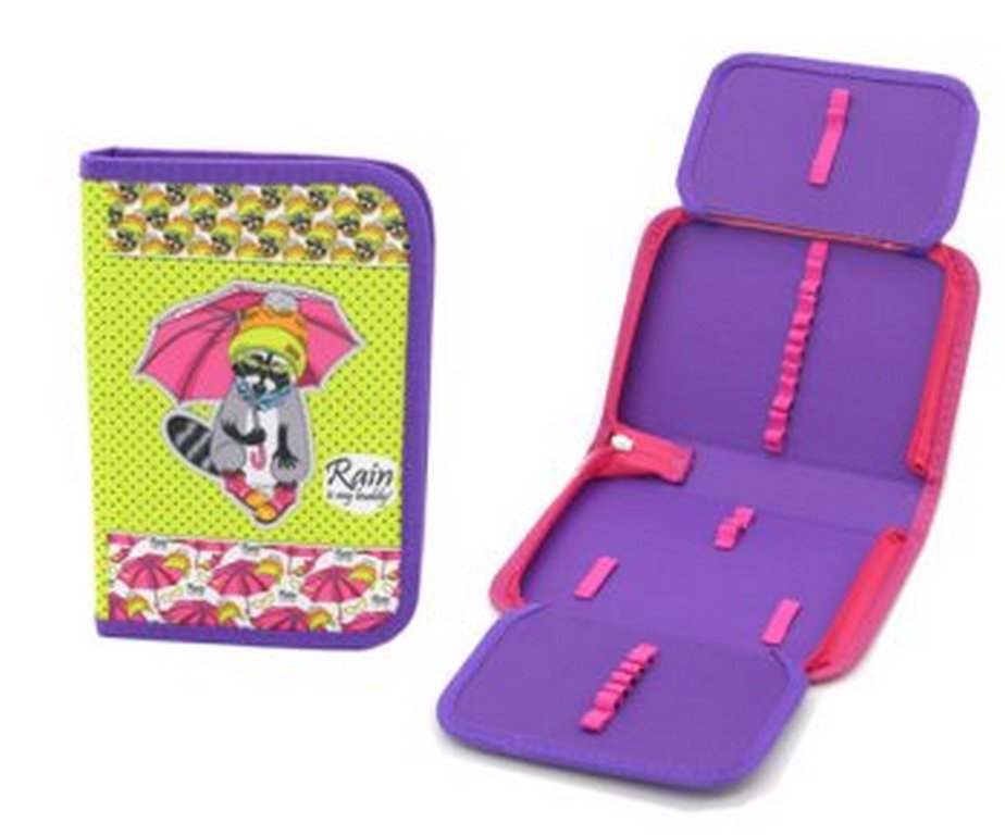 Пенал 1 отд. 2 откид. планки для девочки Intelligent "Енот под зонтиком"  21*14 см. ткань