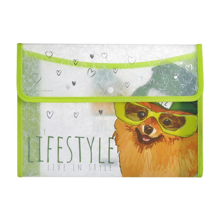 Папка для тетрадей А4 на кнопке BrunoVisconti "Псы на стиле. Шпиц" с текстильной окантовкой