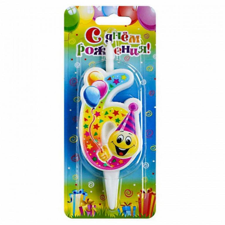 Свеча для торта "Цифра  6" Смайлик с шарами