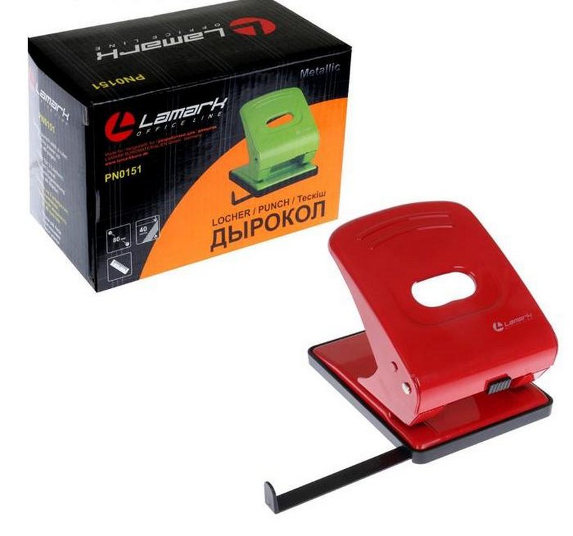 Дырокол до 40л метал. Lаmark "Mettallic", с линейкой цв. красный