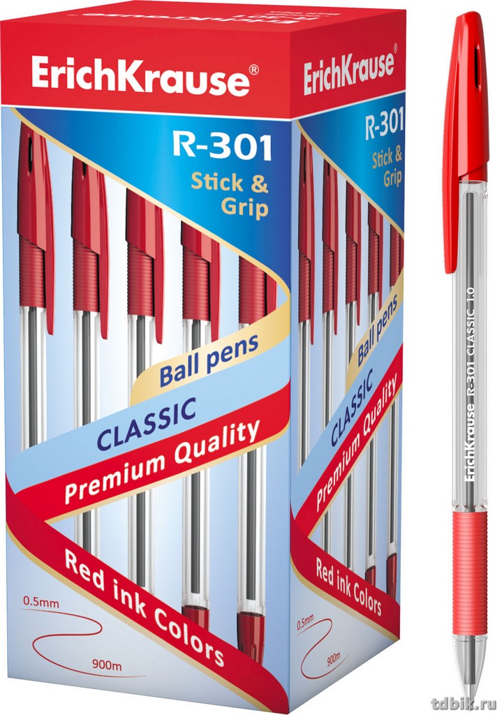 Ручка шариковая ErichKrause R-301 Classic Stick&Grip рез.упор 1,0мм красн. (стерж.140мм, линия 0,5)