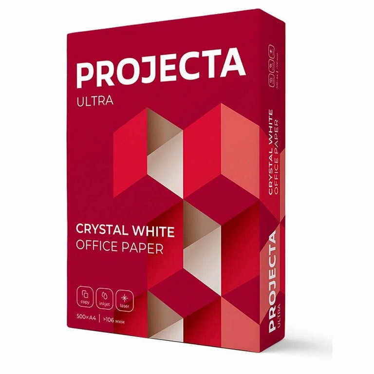Бумага офисная Projecta Ultra А4, 80 г/м2, 162% CIE, толщ. 110мкм, непрозр. 93%, 500 л./пач.