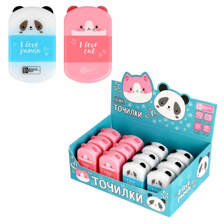 Точилка с контейнером Феникс+ "Кот и панда" с ластиком, ассорти