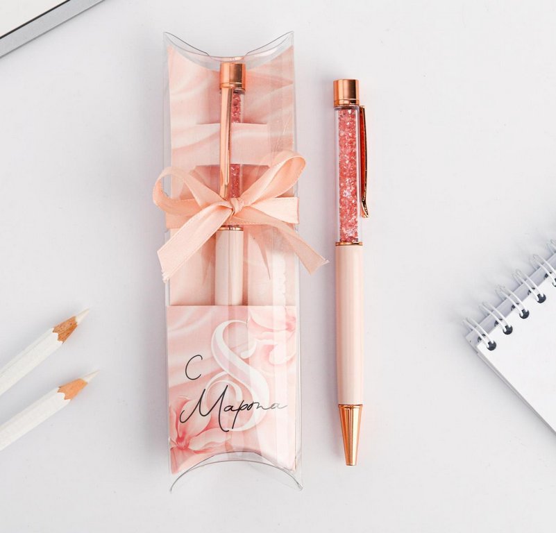 Ручка шариковая сувенирная "С 8 марта!" металл, розовый футляр