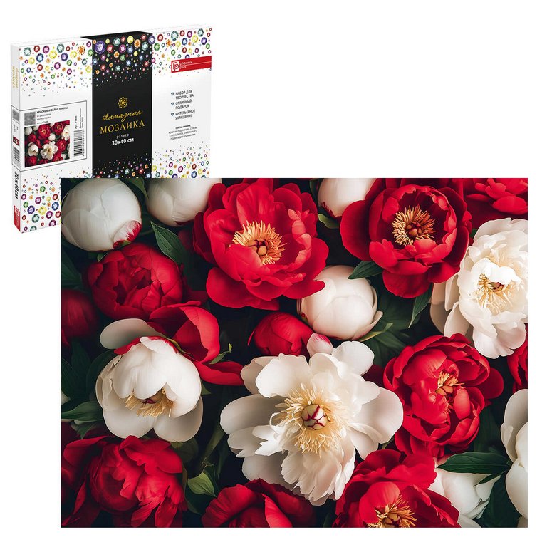 Алмазная мозаика 30*40см "Красные и белые пионы" Феникс+