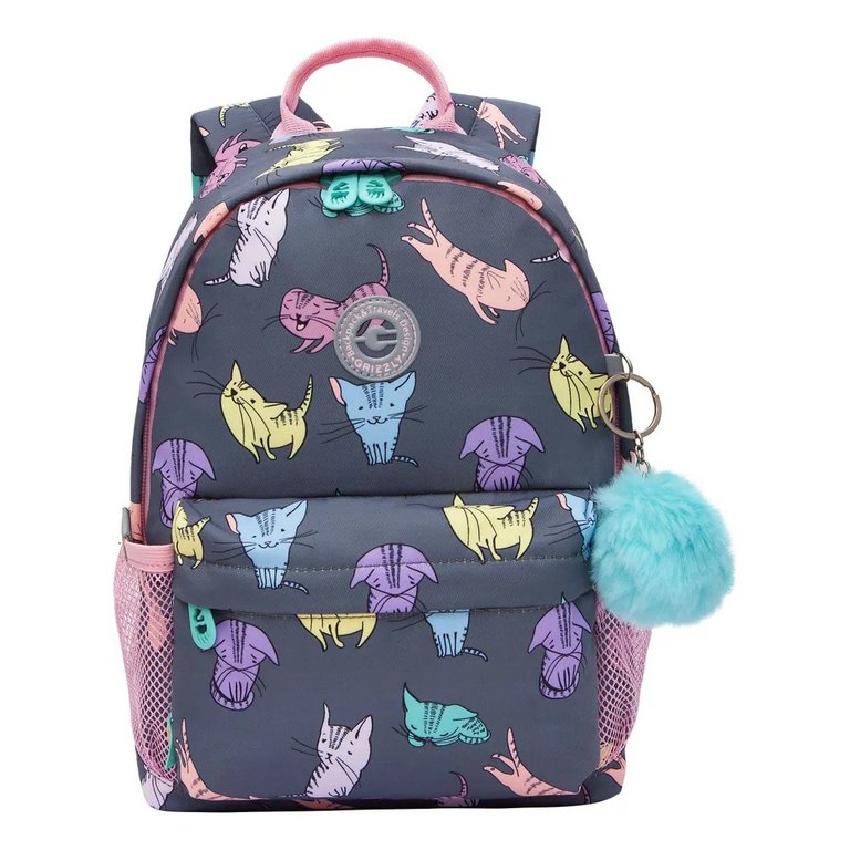 Рюкзак детский для девочки Grizzly "Котики" 21*29*8 см, серый