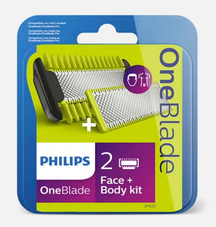 Лезвия сменные Philips OneBlade QP620/50 2шт/уп, для лица с насадкой для тела