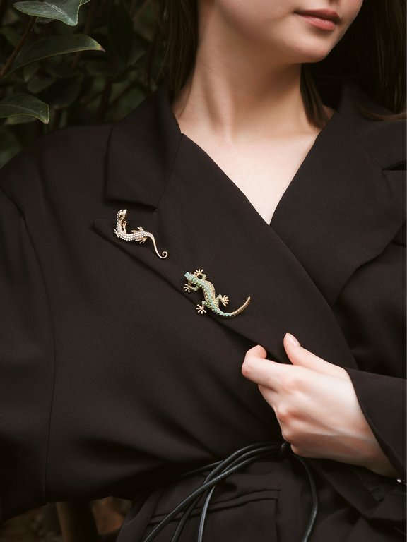 Брошь металл "Ящерица" зелёная в золоте