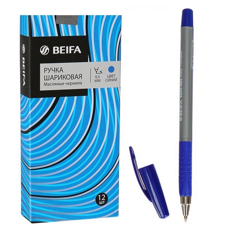 Ручка шариковая масляная Beifa "Стильная" трехгран., резин.упор 0,5мм синяя