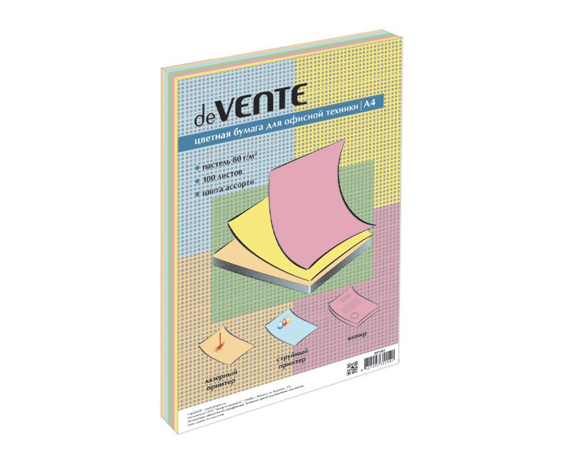 Бумага "deVente" 80г/м2 А4, 100 лист/уп, смесь пастельных цветов (5 цветов)