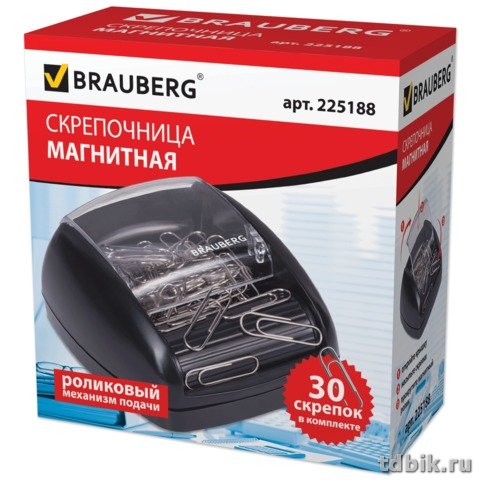 Диспенсер для скрепок магнитный + 30 скрепок, роликовый механизм, черный BRAUBERG