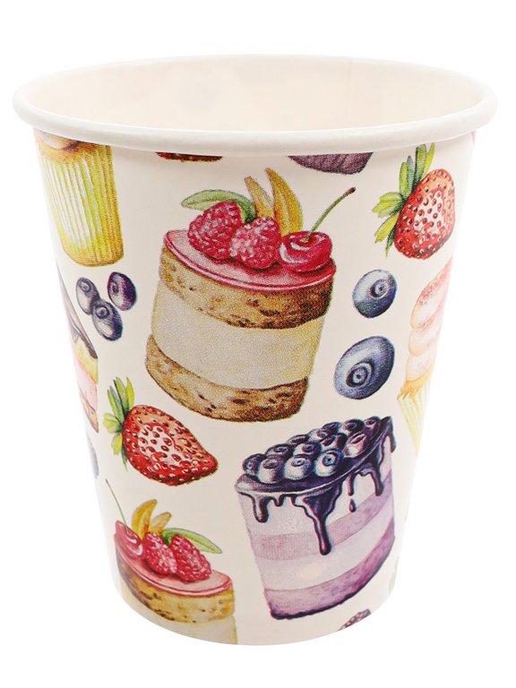 Набор одноразовой посуды картон на 6 персон "Вкусняшки" (6 стаканов + 6 тарелок + 6 колпаков)