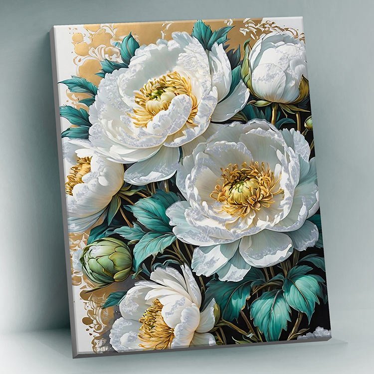 Роспись по номерам (холст) 40*50см с поталью "Белые цветы" (основа+акрил.+кисти)