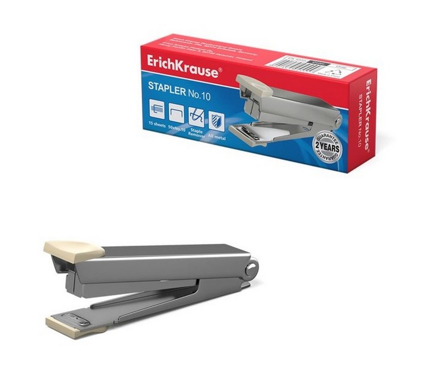 Степлер № 10 до 15л металлический, Erich Krause, серый с антистеплером (глубина 51мм)