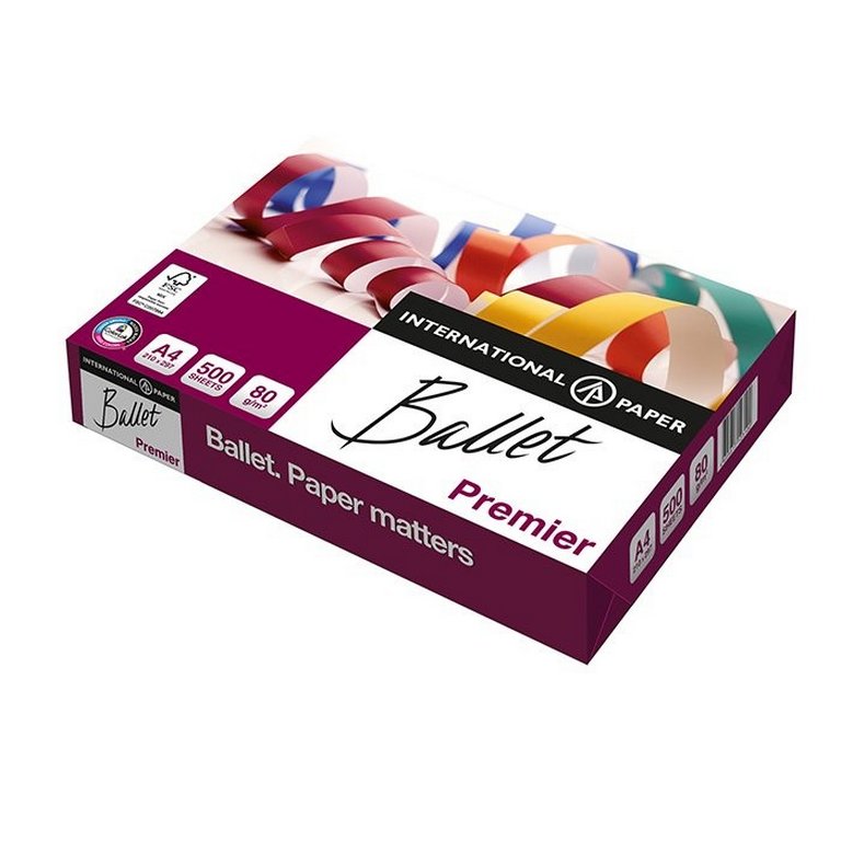 Бумага офисная Ballet Premier А4, 80г/м2, 162+/-3% CIE, 98% ISO,толщ.106мкм, непрозр.93%, 500 л/пач.