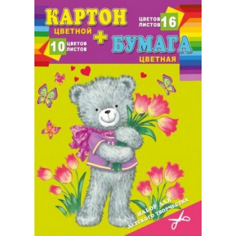 Набор цв. бумаги и цв. картона  10 л. 16цв "МИШКА С ЦВЕТАМИ"