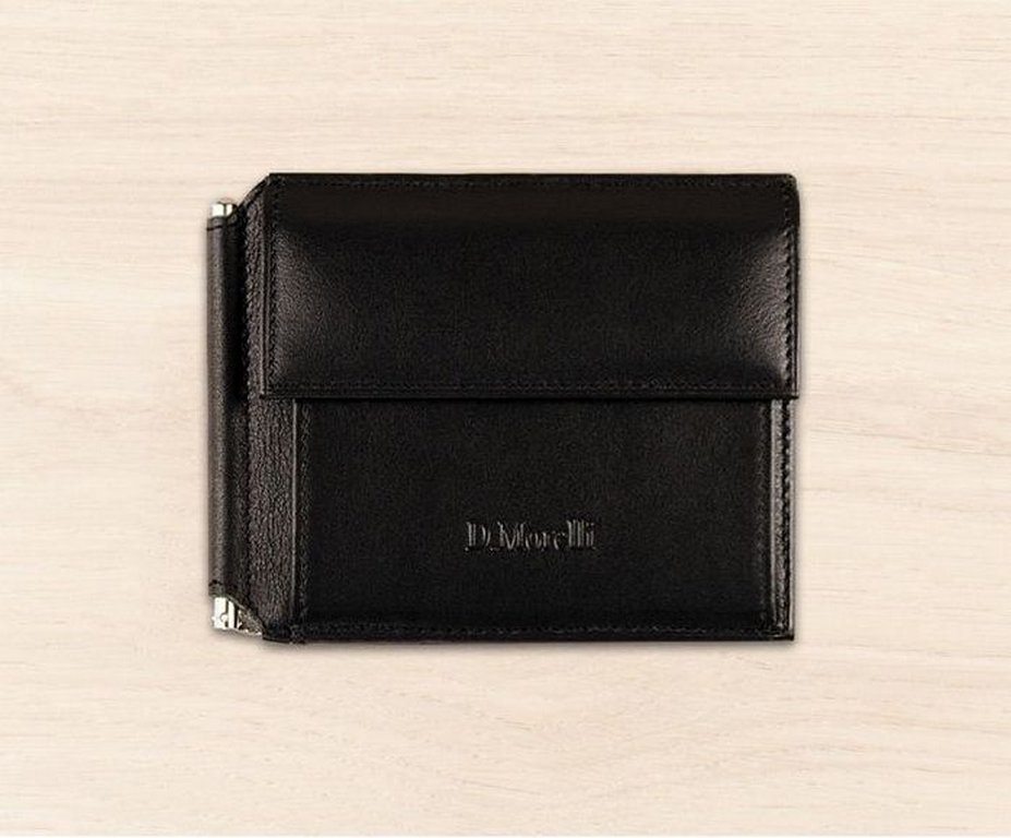 Зажим для денег D.Morelli "Black" с монетником, нат.кожа