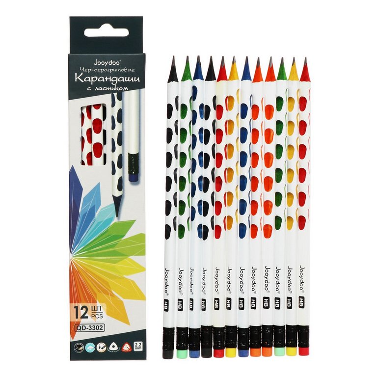 Карандаш ч/г с выемками HB трехгранный JOOYDOO "Микс" с ластиком