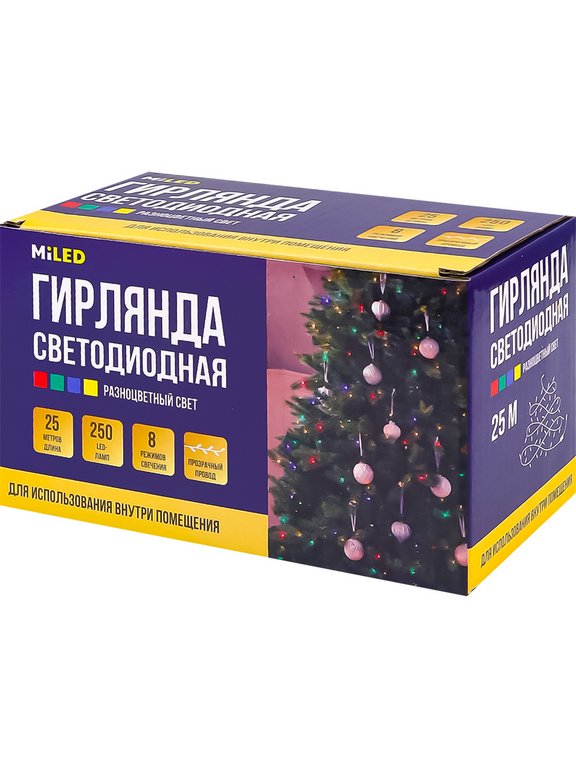 Гирлянда комнатная Нить 25м, 250 цветных ламп, 8 режимов, прозрачный провод 220Вт