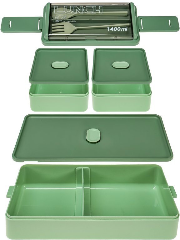 Ланч-бокс 1400 мл (с приборами, три отделания) зеленый "Ланч"