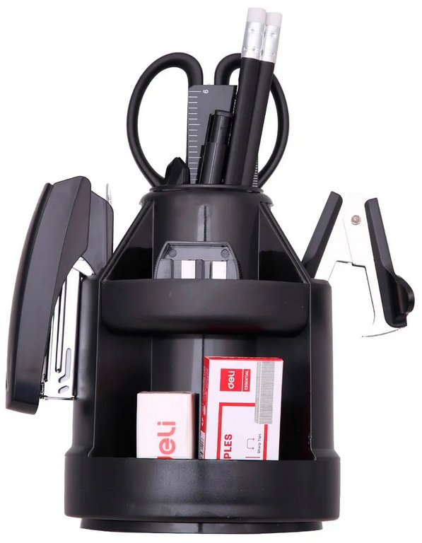 Набор настольный пластик 15 предметов Deli черный, вращающийся